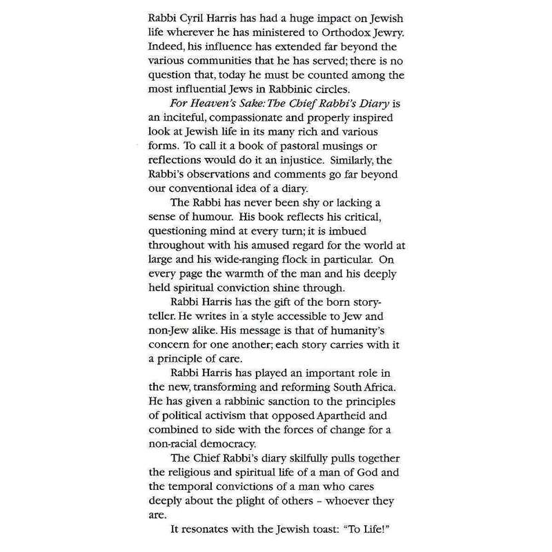 For Heaven's Sake: The Chief Rabbi's Diary (Inscribed by Author) | Cyril Harris