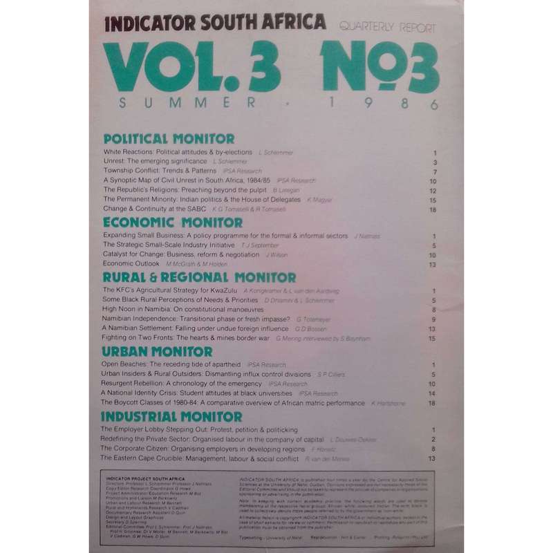Indicator South Africa (Vol. 3, No. 3, Summer 1986, 5 Volumes in Folder)