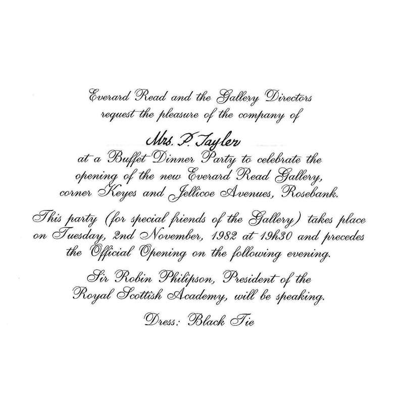 Invitation to the Inaugural Exhibition and Opening of the new Everard Read Gallery (1982)