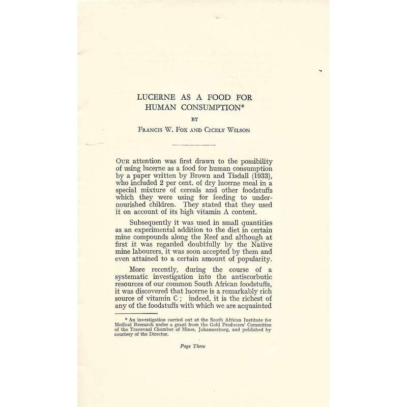 Lucerne as a Food for Human Consumption (Copy of D. M. Watt) | Francis W. Fox and Cicely Wilson