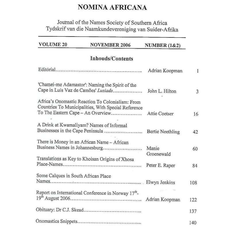 Nomina Africana: Journal of the Names Society of Southern Africa (Vol. 20, Nos. 1 & 2, November 2...