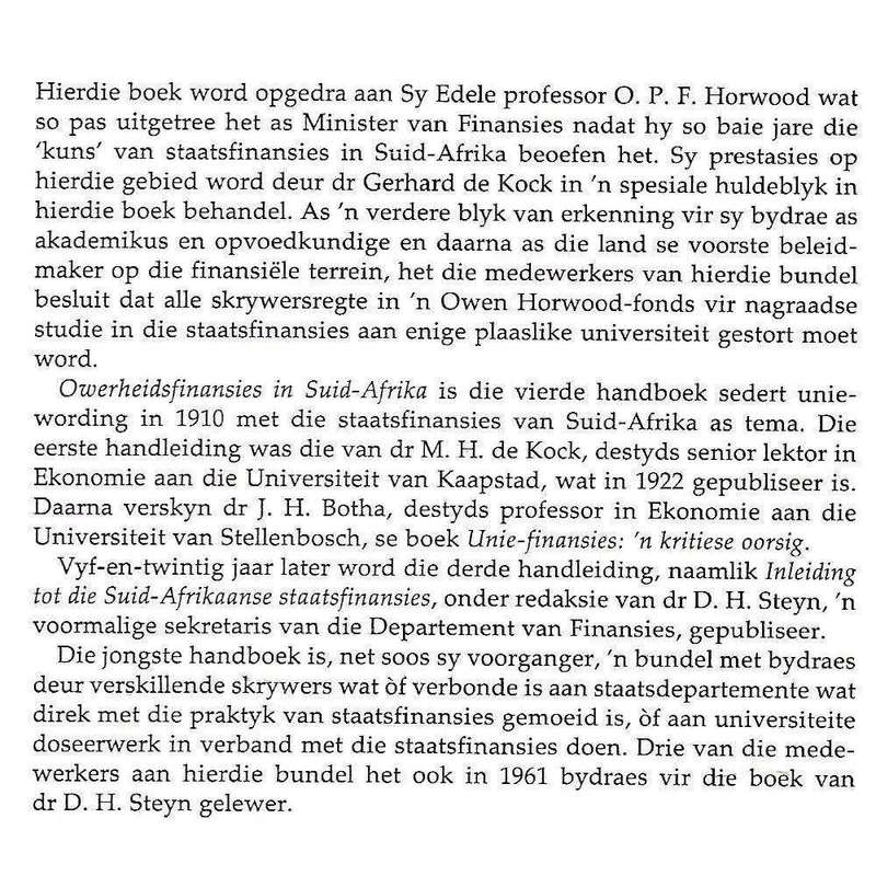 Owerheidsfinansies in Suid-Afrika: Bundel Opgedra aan Professor OPF Horwood | D. G. Franzsen (Ed.)
