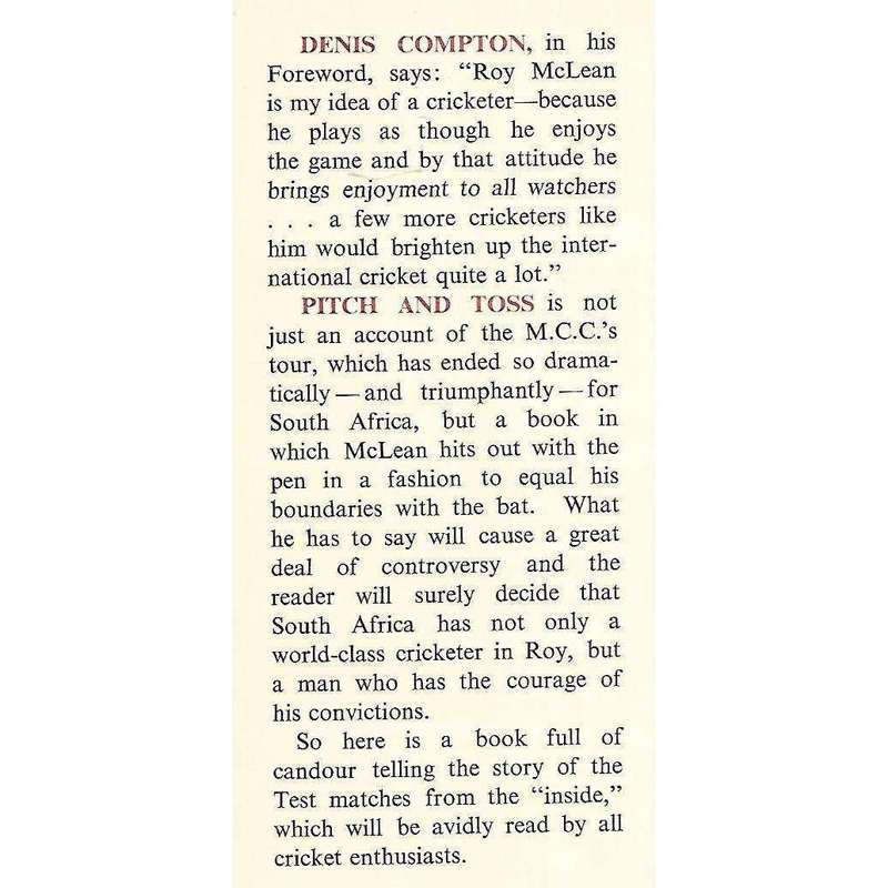 Pitch and Toss (Copy of SA Journalist and Author Louis Duffus, Signed by Him) | Roy McLean