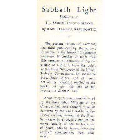 Sabbath Light: Sermons on the Sabbath Evening Service | Louis Rabinowitz
