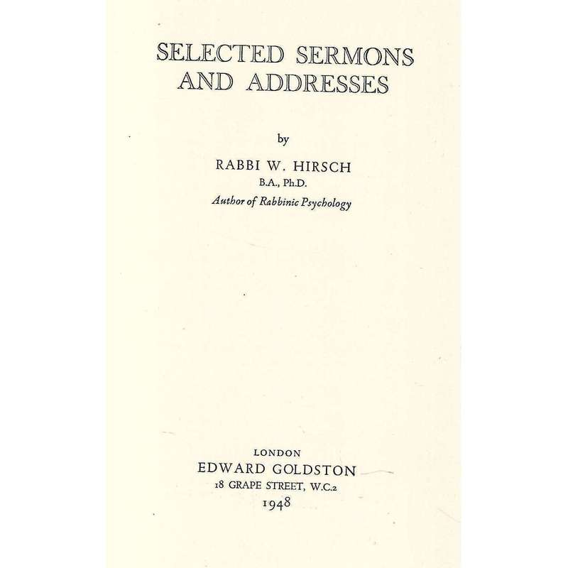 Selected Sermons and Addresses | Rabbi W. Hirsch