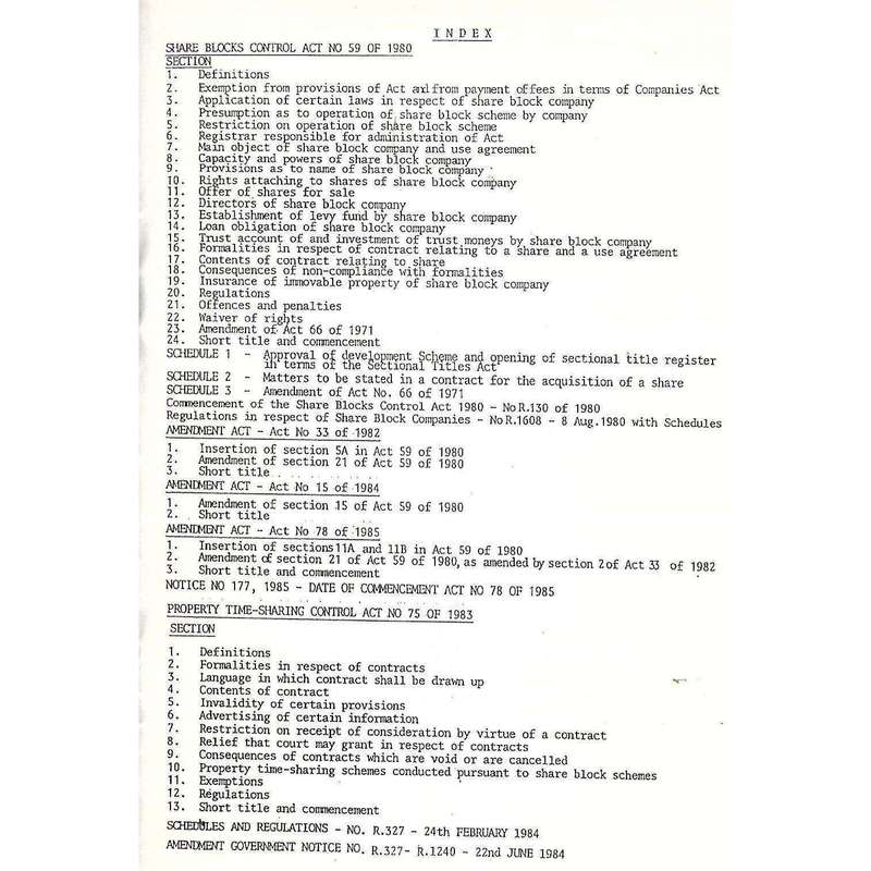 Share Blocks Control Act, No. 59 of 1980 & Property Time-Sharing Control Act No. 75 of 1983 (Afri...