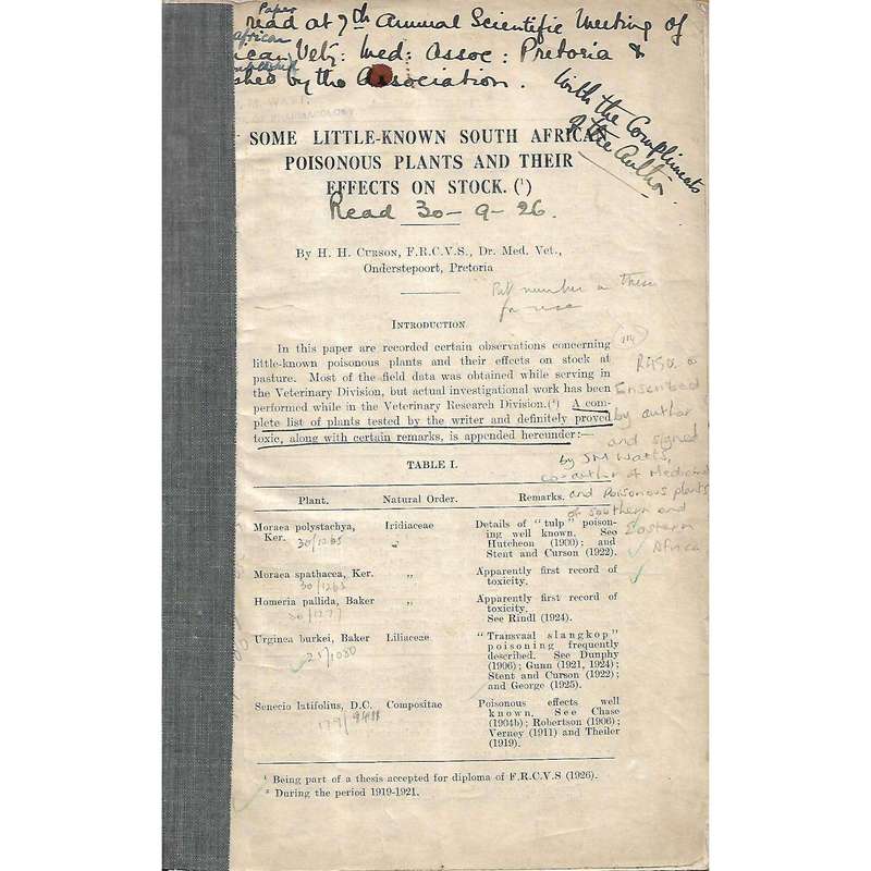 Some Little-Known South African Poisonous Plants and Their Effects on Stock (Inscribed by Author)...