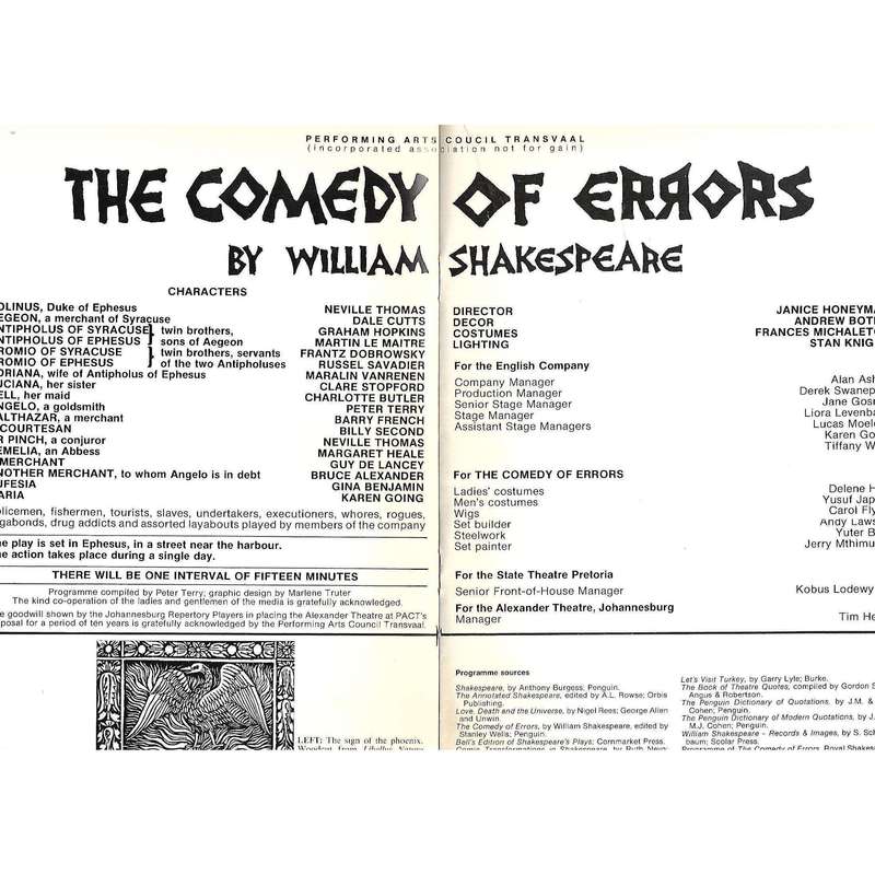 The Comedy of Errors (Staged by The Performing Arts Council Transvaal, Programme Brochure)