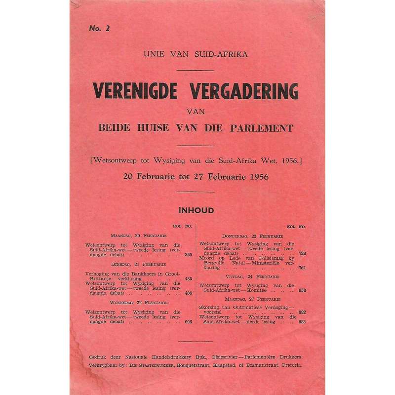 Verenigde Vergadering van Beide Huise van die Parlement (2 Volumes, February 1956)