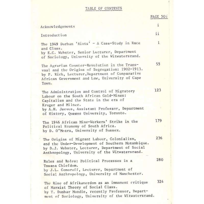 Working Papers in Southern African Studies (3 Volumes) | P. Bonner & D. C. Hindson (Eds.)