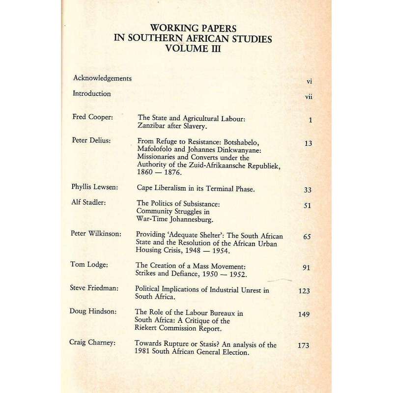 Working Papers in Southern African Studies (3 Volumes) | P. Bonner & D. C. Hindson (Eds.)