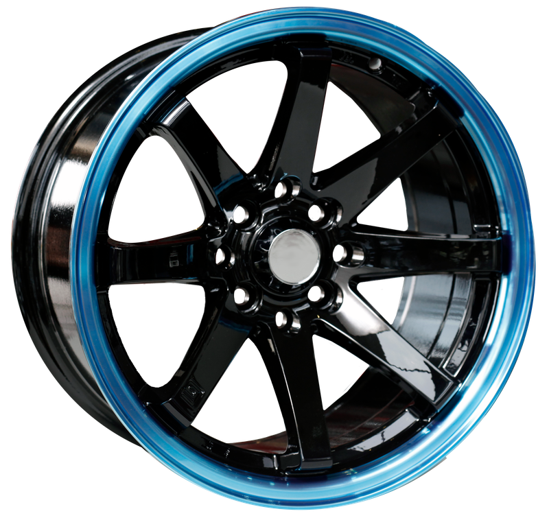 15" Evolution Racing  Striker 8/100/114 8J ET15 CH73.1 Black Machined Lip+Blue Wheels