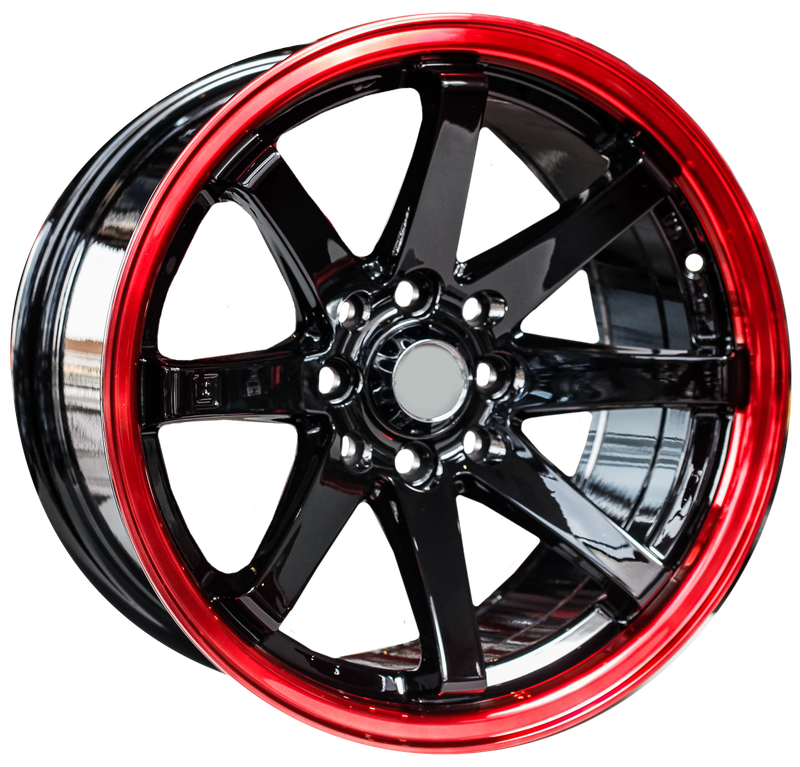 15" Evolution Racing  Striker 8/100/114 8J ET15 CH73.1 Black Machined Lip+Red Wheels