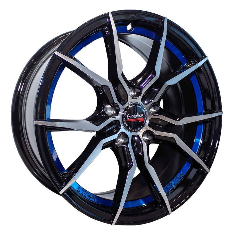 15" Evolution Racing Mendoza 5/100 7J ET35 CB73.1 Black Machine Face Blue Undercut Wheels