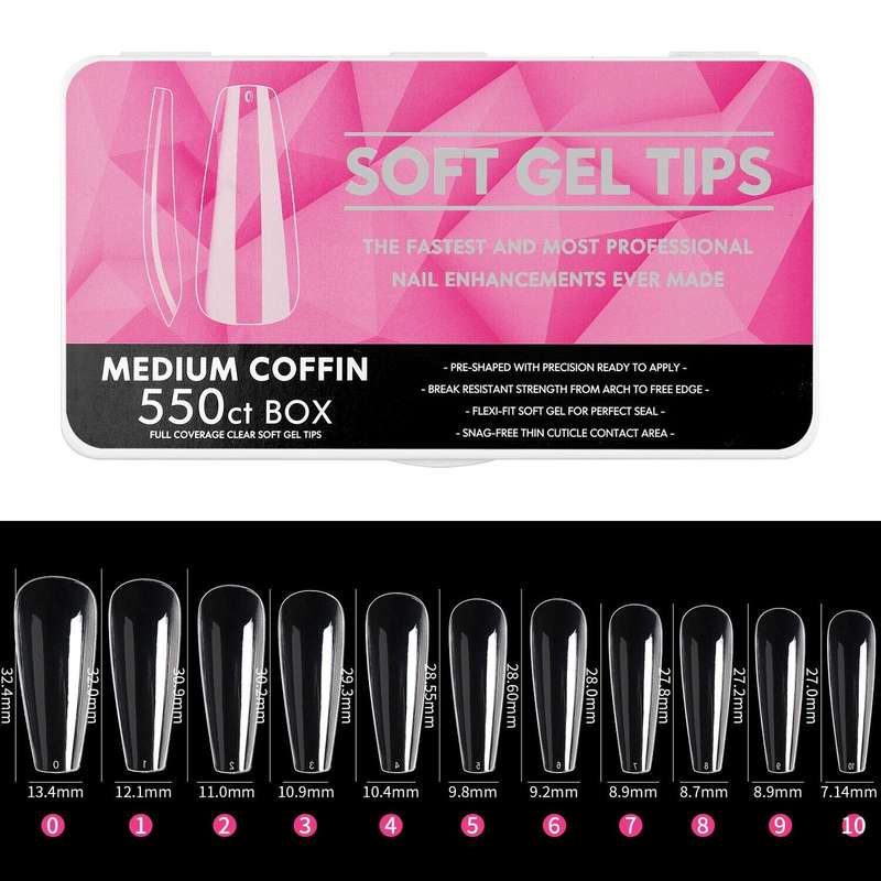 Coffin - Medium Full Cover Soft Gel Nail Tips - 550pcs - Clear - Box