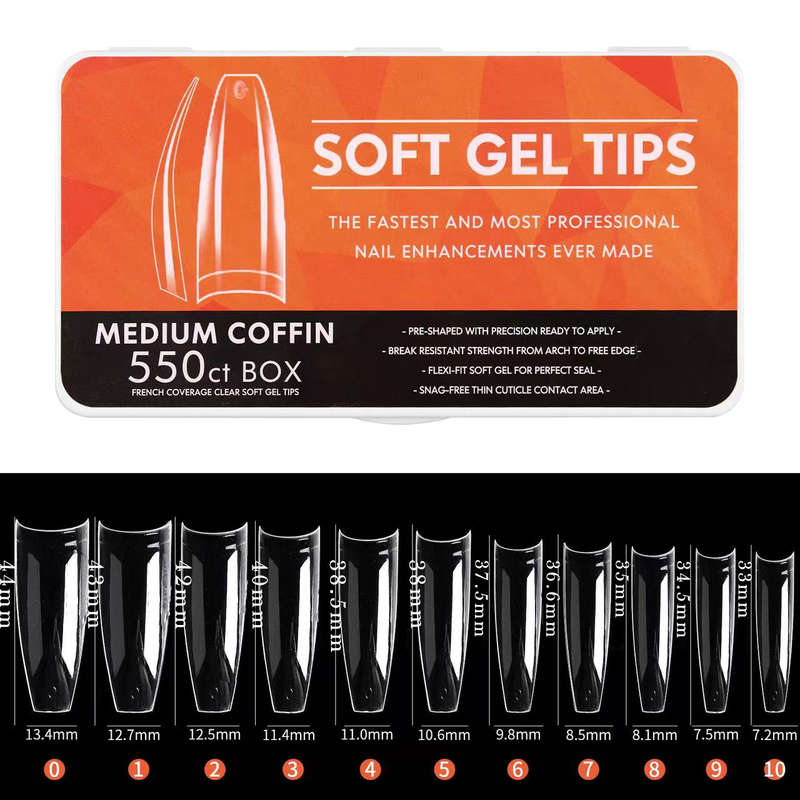 Coffin - Medium Half Cover Soft Gel Nail Tips - 550pcs - Clear - Box