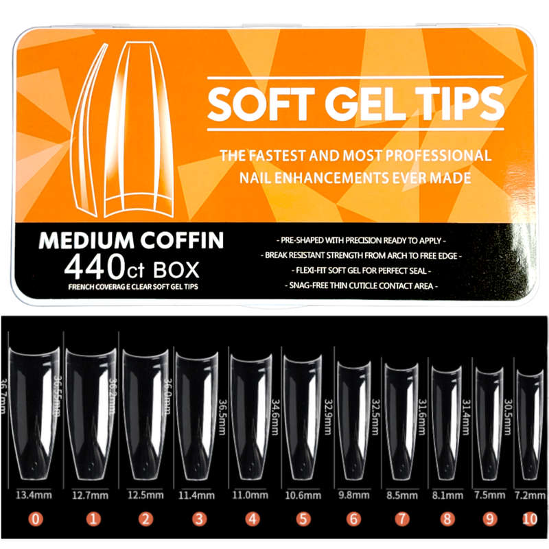 Coffin - Medium Half Cover Soft Gel Nail Tips - 440pcs - Clear - Box