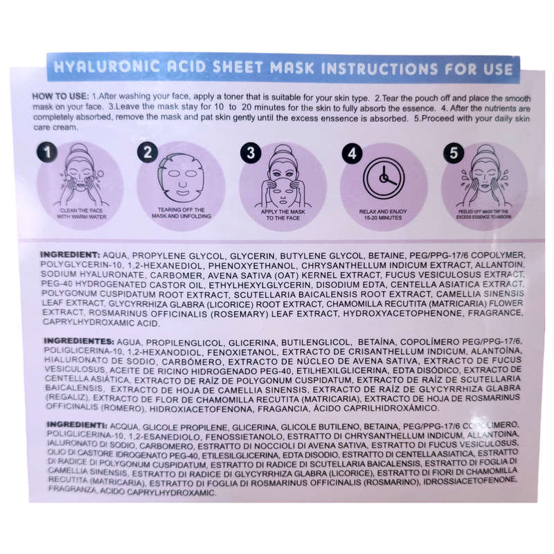 Hyaluronic Acid Sheet Mask - Facial Mask - 12pcs