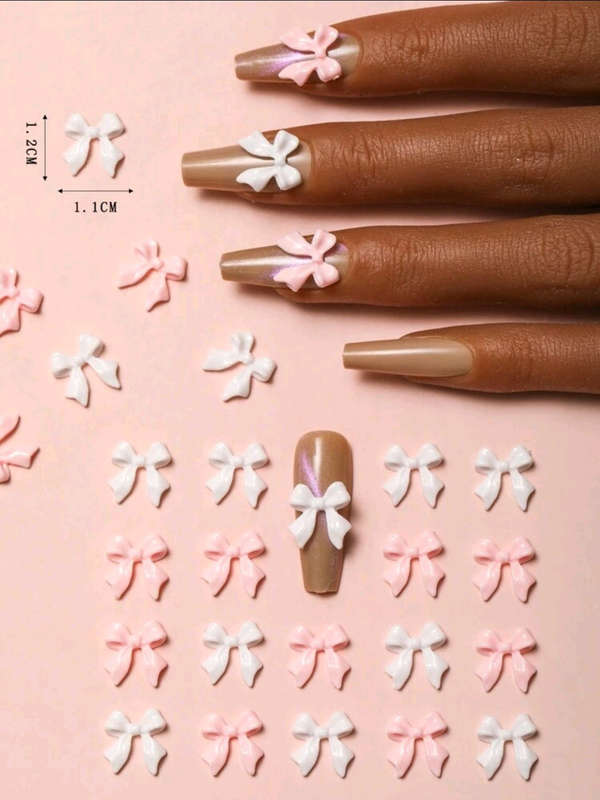 Bow Nail Decoration - Pink & White - 20pcs