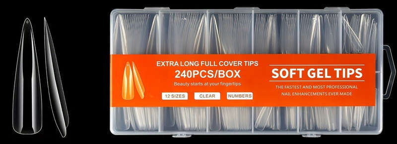 Stiletto - 3XL Long - Full Cover - Soft Gel Nail Tips - 240pcs - Clear