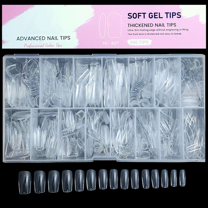 Square - Medium - Full Cover - Soft Gel Nail Tips - 600pcs - Clear - Box