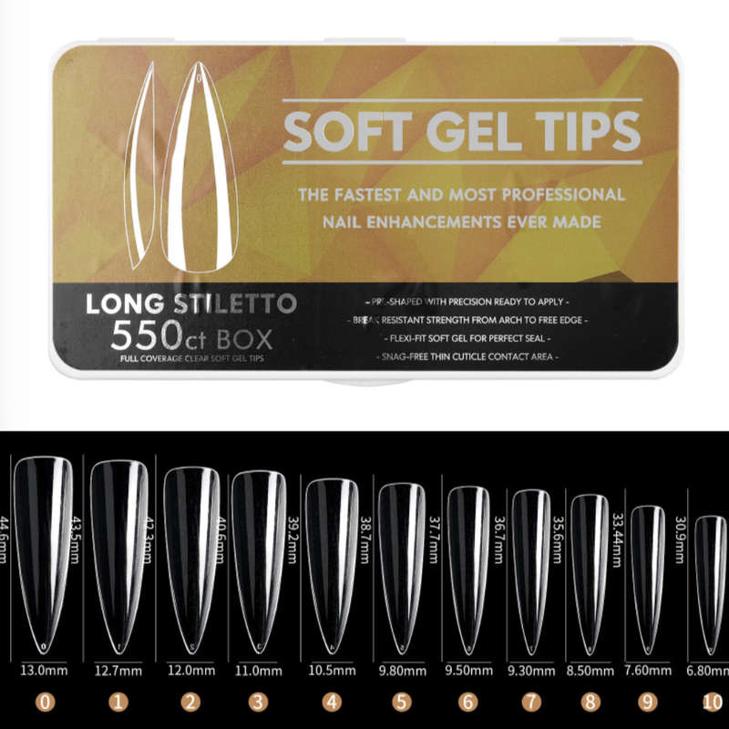 Stiletto - Long Full Cover Soft Gel Nail Tips - 550pcs - Clear - Box