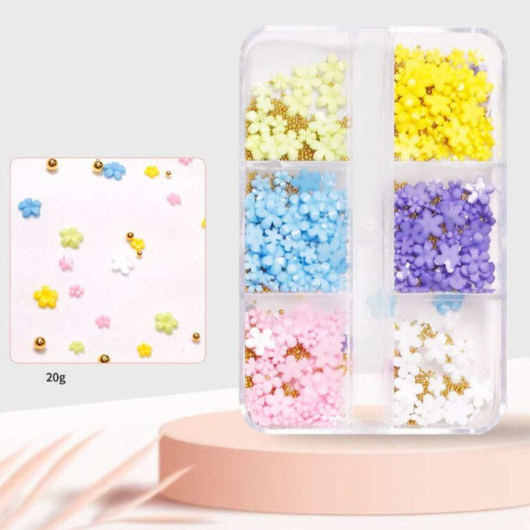 Nail Decorations - 3D Flowers with Steel Balls - 6 Colours