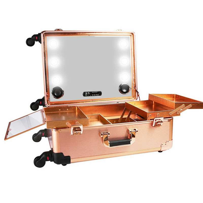 Make-up Trolley Bag/Case With Lights and Blue Tooth Speaker - Rose Gold