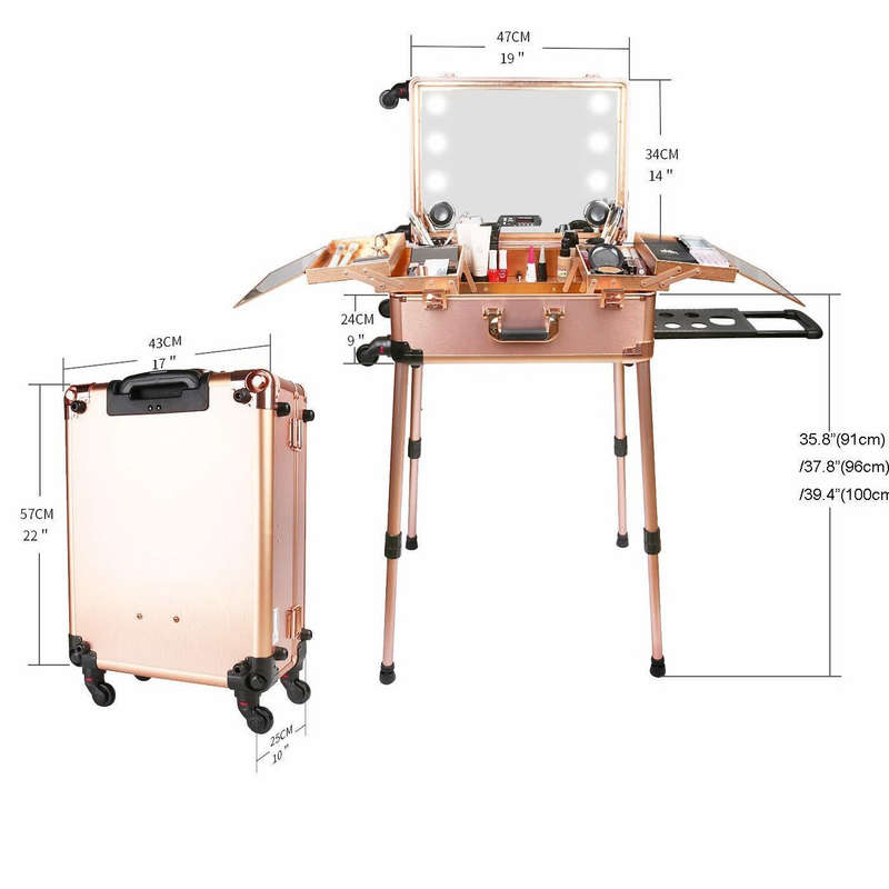 Make-up Trolley Bag/Case With Lights and Blue Tooth Speaker - Rose Gold