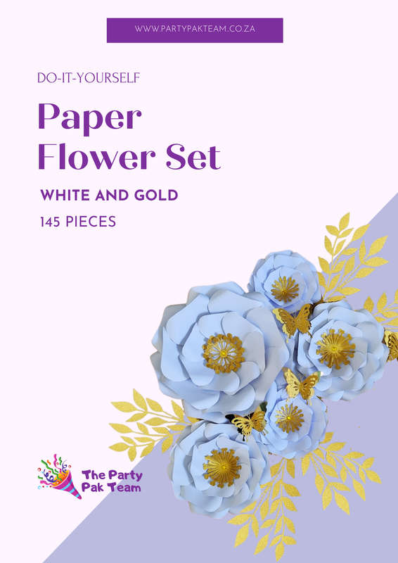 DO IT YOURSELF SET OF 5 PAPER FLOWERS WITH PAPER BUTTERFLIES AND LEAVES WHITE AND GOLD, Nursery p...