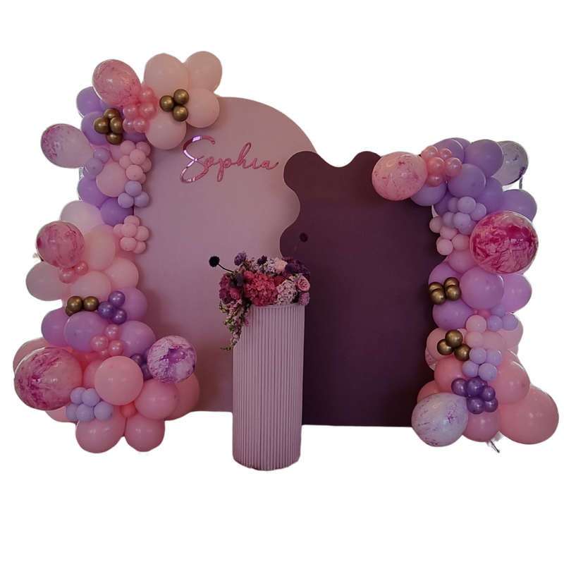 PINK AND PURPLE Double Chiara Backdrop with Organic Balloon Garland and Plinth
