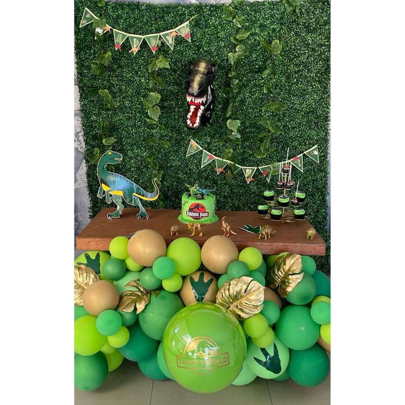 DINOSAUR JURASSIC PARK DECOR Faux Green Backdrop Balloon Garland Main Table Dino Head Breakout