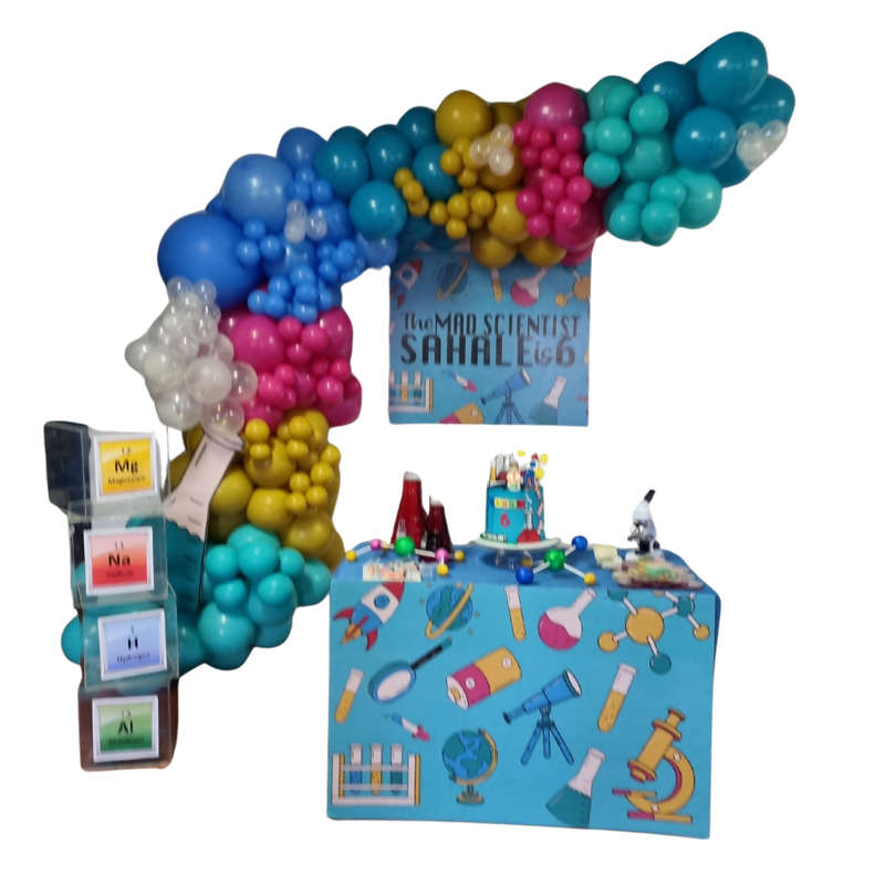 SCIENCE THEME EVENT DECOR Balloon Garland, Banner and Main Table