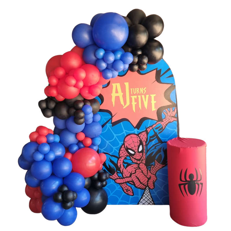 Spiderman Full Print Chiara Backdrop with Organic Balloon Garland and Plinths