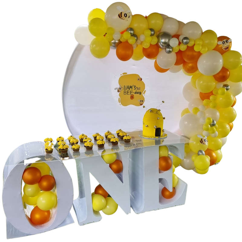 BEE-DAY Bee Themed Event Decor with Balloon Garland and ONE Table