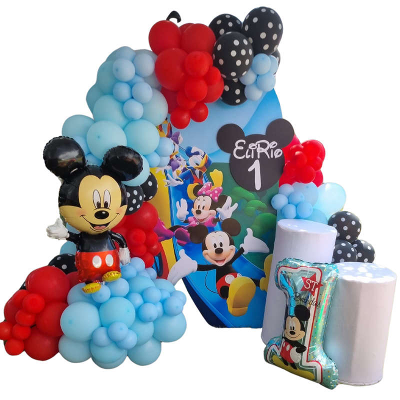 Mickey Mouse Full Print Chiara Backdrop with Organic Balloon Garland and Plinths