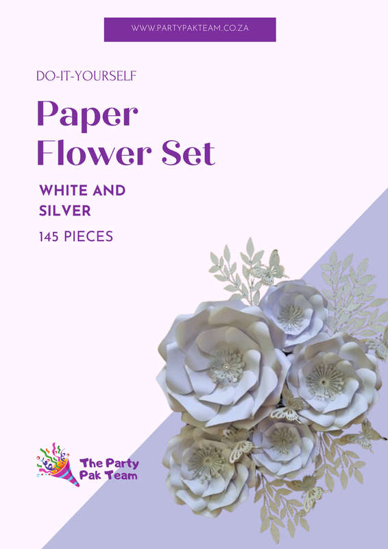 DO IT YOURSELF SET OF 5 PAPER FLOWERS WITH PAPER BUTTERFLIES AND LEAVES WHITE AND SILVER, Nursery...