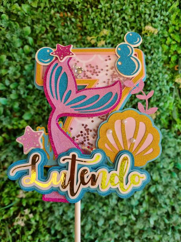 MERMAID CAKE TOPPER  B birthday party themed decor glitter shaker style personalized with name an...