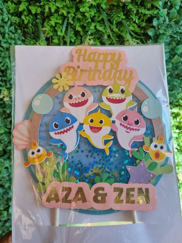 BABY SHARK CAKE TOPPER birthday party themed decor glitter shaker style personalized with name an...