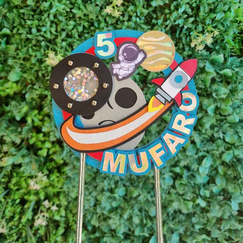 SPACE CAKE TOPPER birthday party themed decor glitter shaker style personalized with name and age