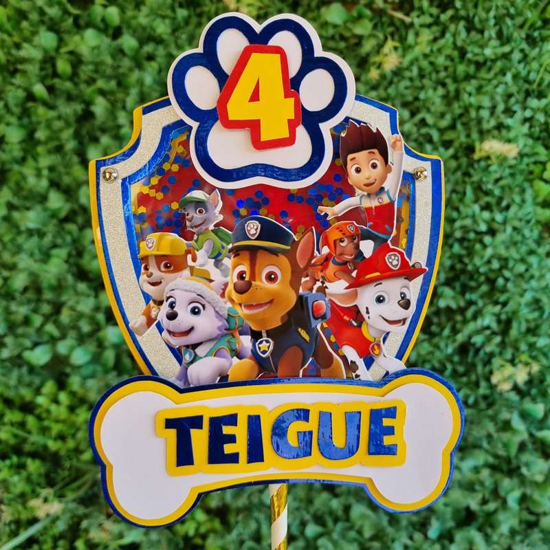 PAW PATROL CAKE TOPPER birthday party themed decor glitter shaker style personalized with name an...