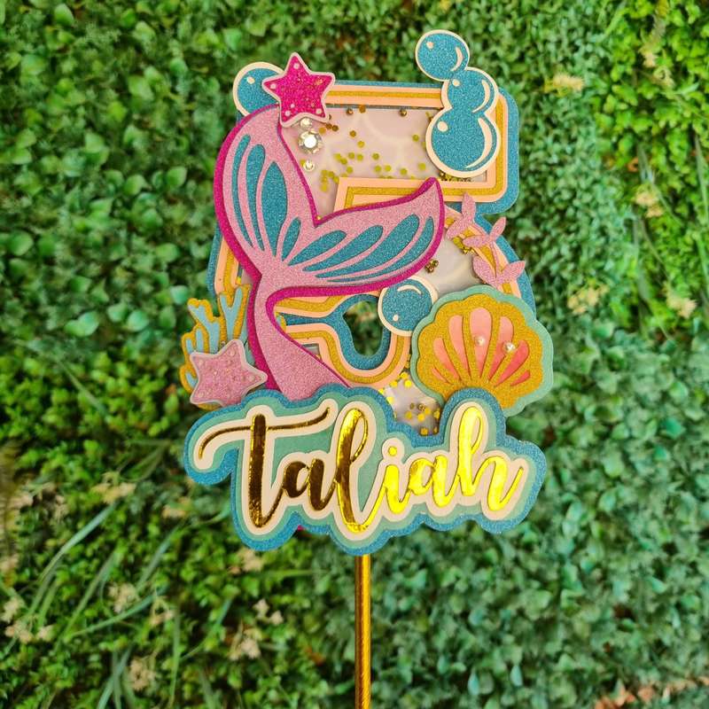 MERMAID CAKE TOPPER  B birthday party themed decor glitter shaker style personalized with name an...