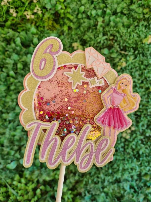 BARBIE CAKE TOPPER birthday party themed decor glitter shaker style personalized with name and age