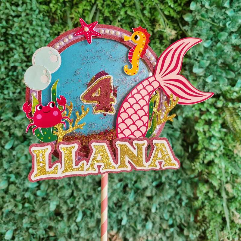 MERMAID CAKE TOPPER C birthday party themed decor glitter shaker style personalized with name and...