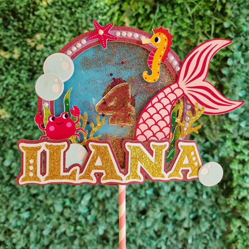 MERMAID CAKE TOPPER C birthday party themed decor glitter shaker style personalized with name and...