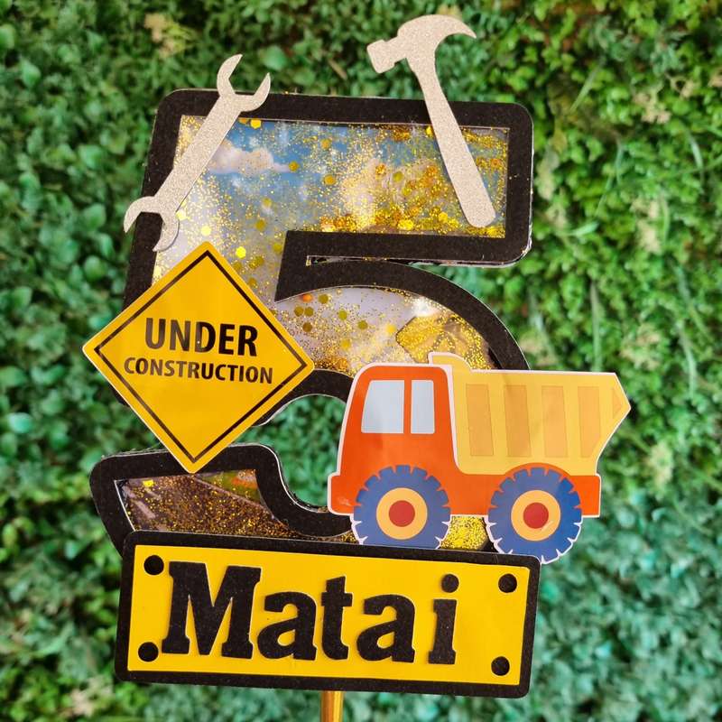 CONSTRUCTION CAKE TOPPER birthday party themed decor glitter shaker style personalized with name ...