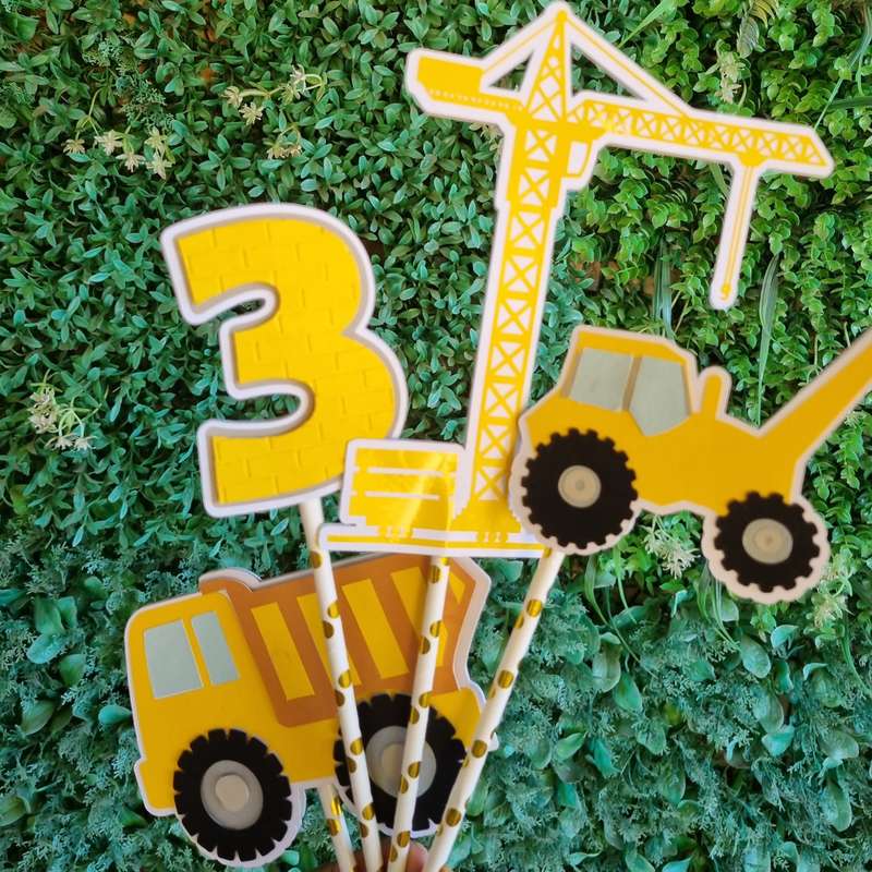 CONSTRUCTION CAKE TOPPER  B birthday party themed decor glitter shaker style personalized with na...