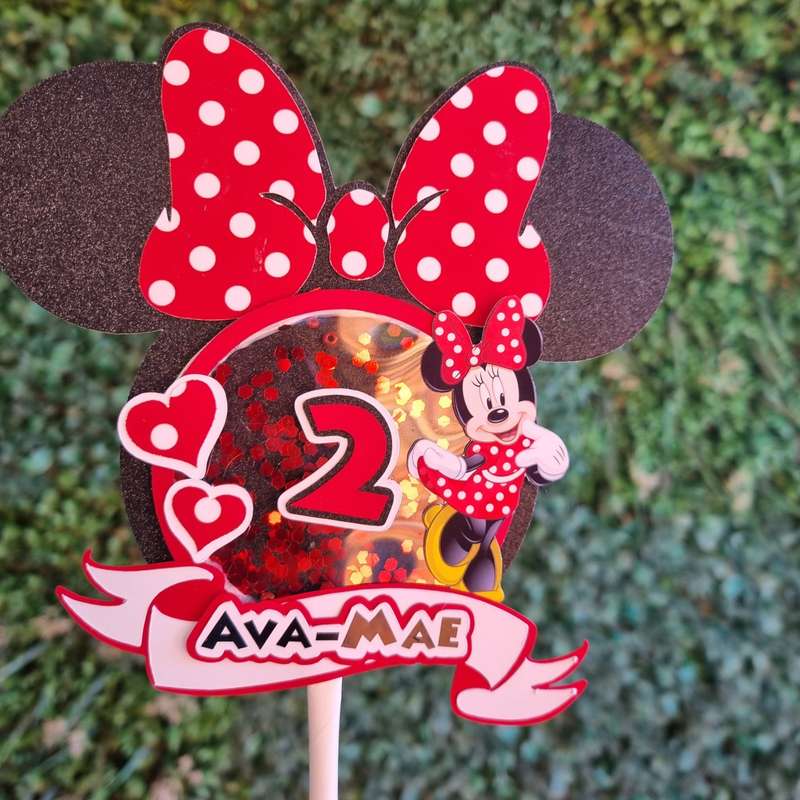 MINNIE MOUSE CAKE TOPPER birthday party themed decor glitter shaker style personalized with name ...