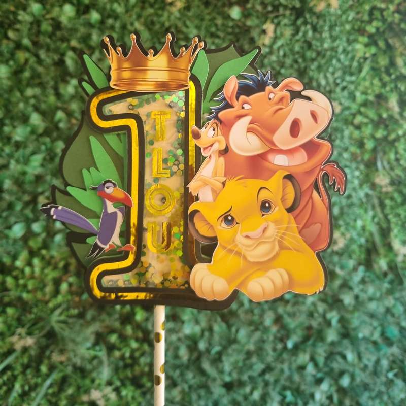 LION KING CAKE TOPPER birthday party themed decor glitter shaker style personalized with name and...