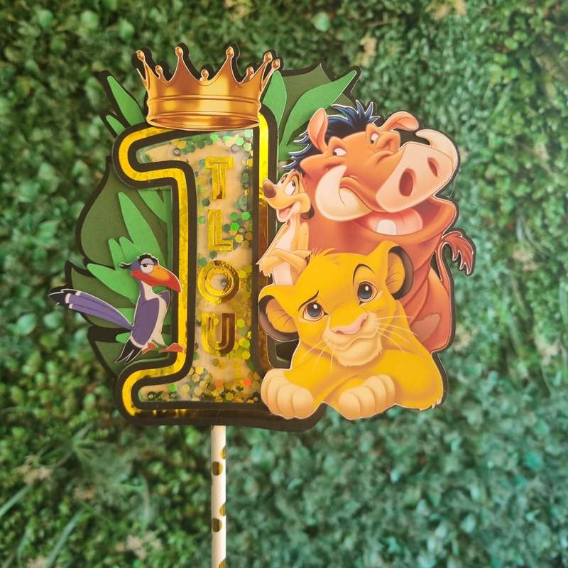 LION KING CAKE TOPPER birthday party themed decor glitter shaker style personalized with name and...
